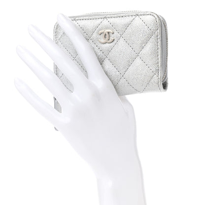 Chanel Glittered Metallic Caviar Quilted Zip Coin Purse Wallet Silver 2 of 8