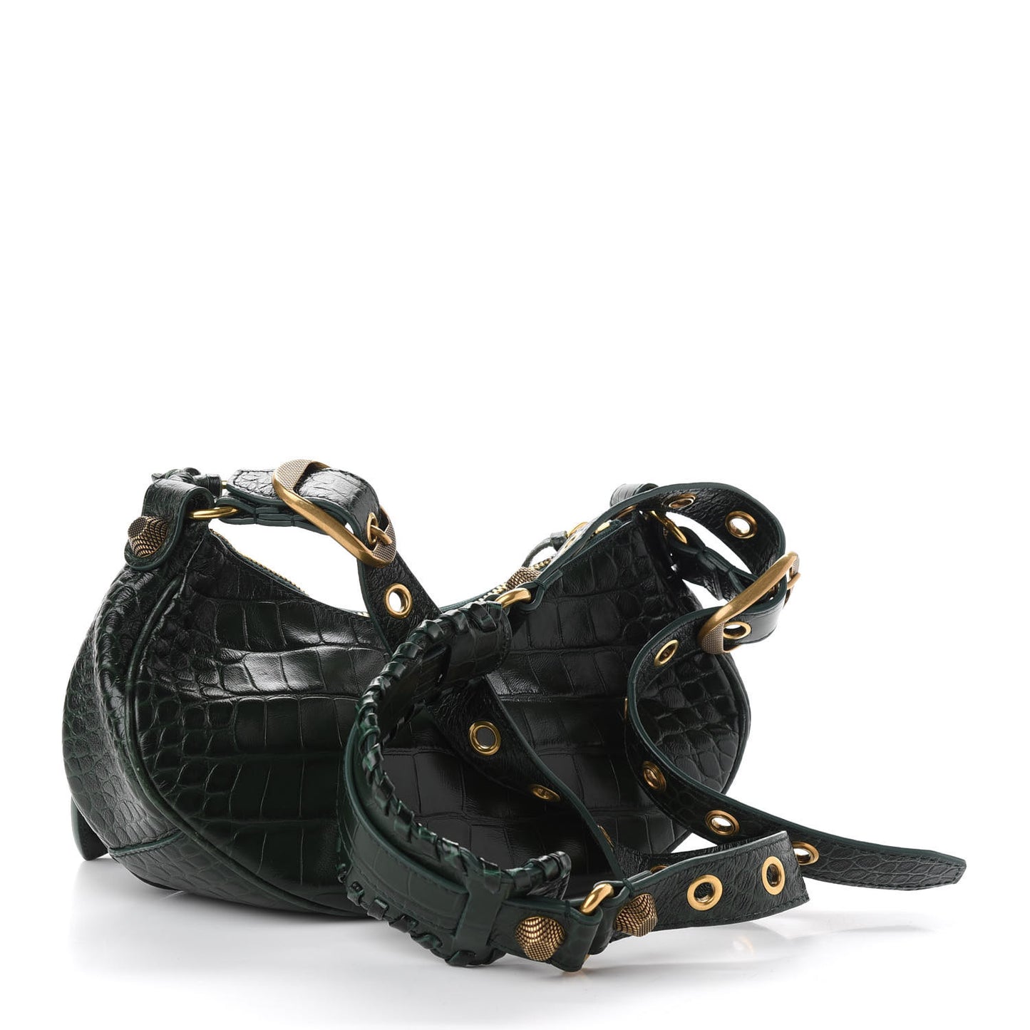 Extra Supple Calfskin Crocodile Embossed Le Cagole Shoulder Bag XS Forest Green