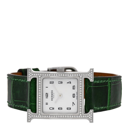 Hermes Stainless Steel Alligator Diamond Bezel Mother of Pearl 21mm Heure H Hour Quartz Watch Vert Moyen 2 of 5