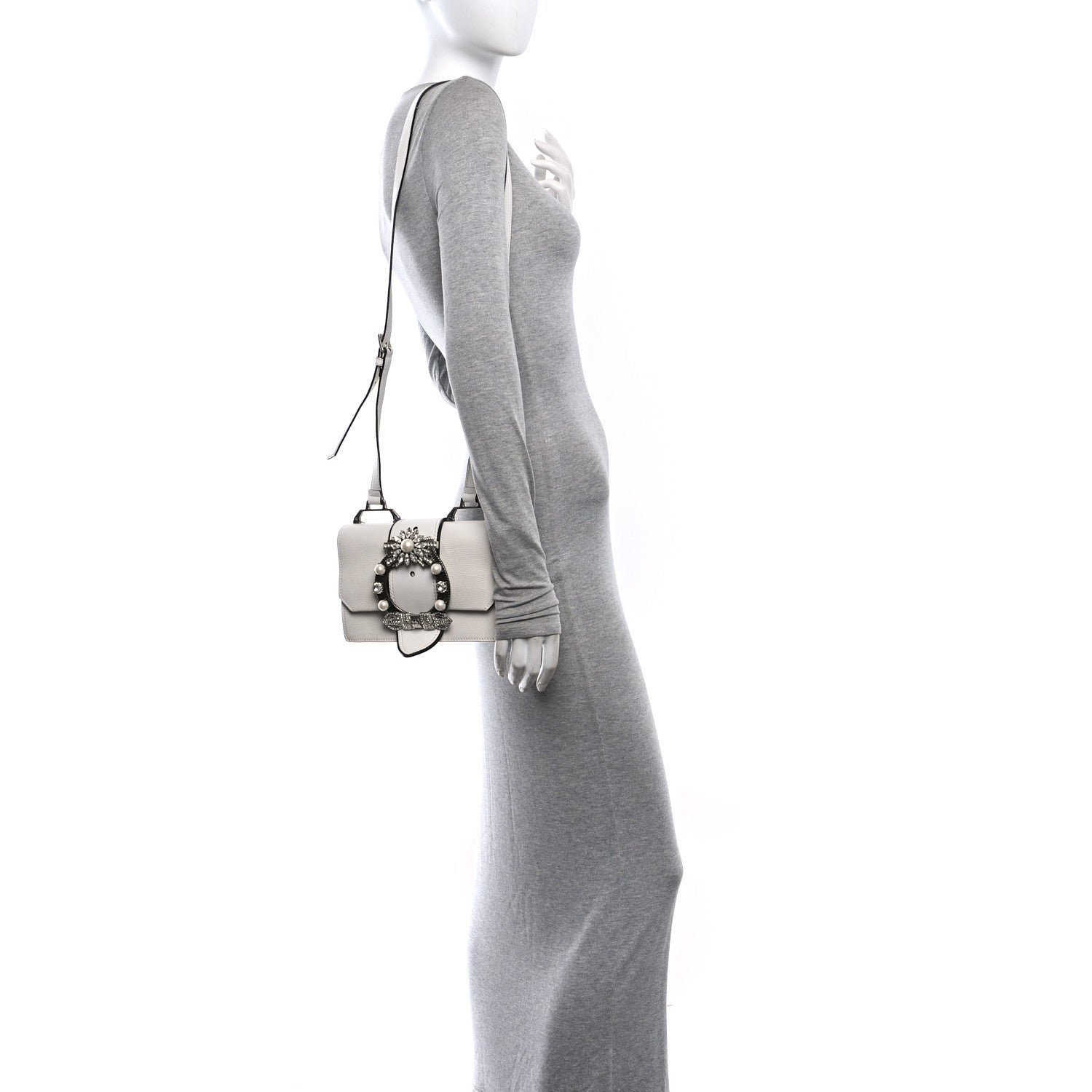 Miu Miu Goatskin Madras Soft Calf Crystal Embellished Shoulder Bag Bianco 2 of 11