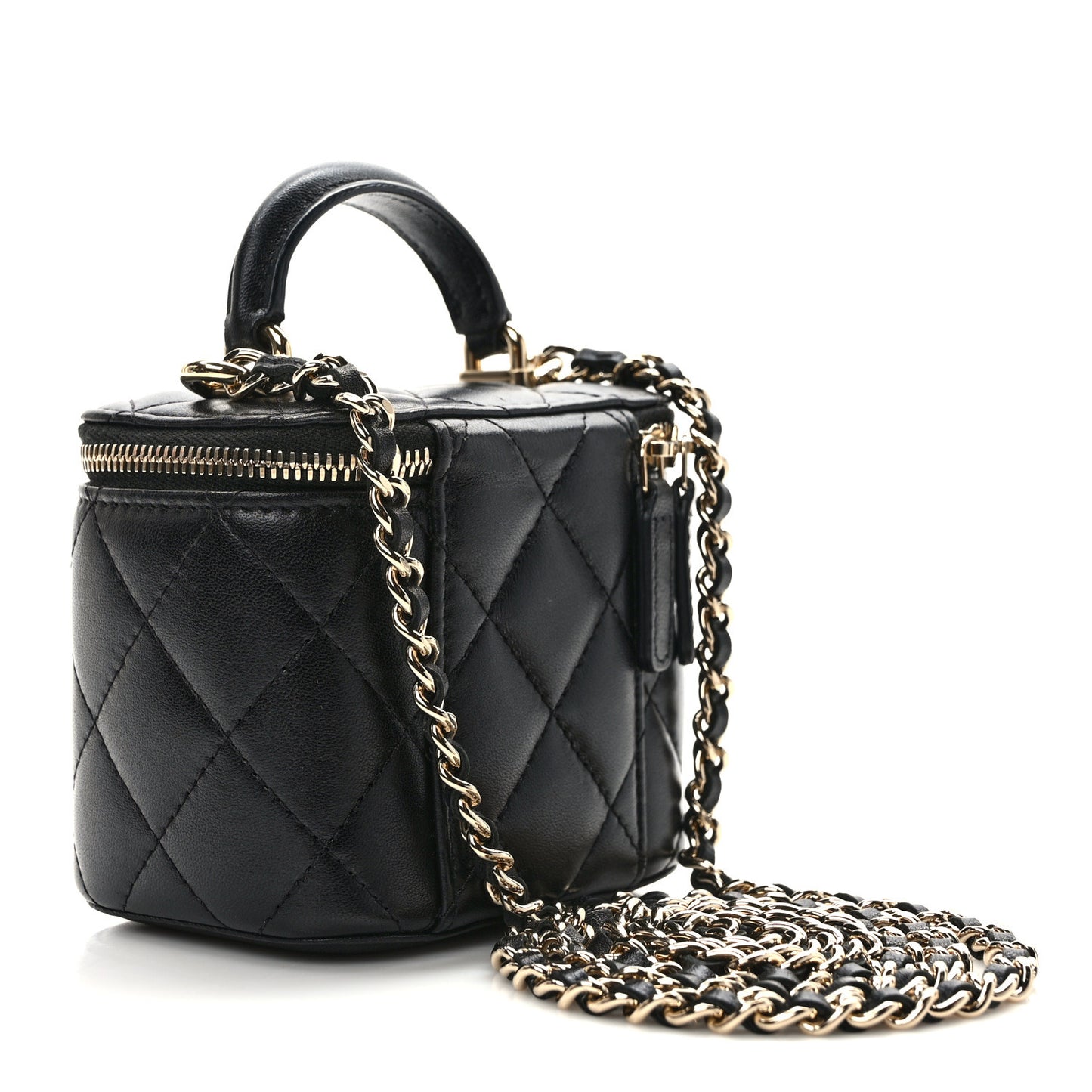 Lambskin Quilted Top Handle Mini Vanity Case With Chain Black