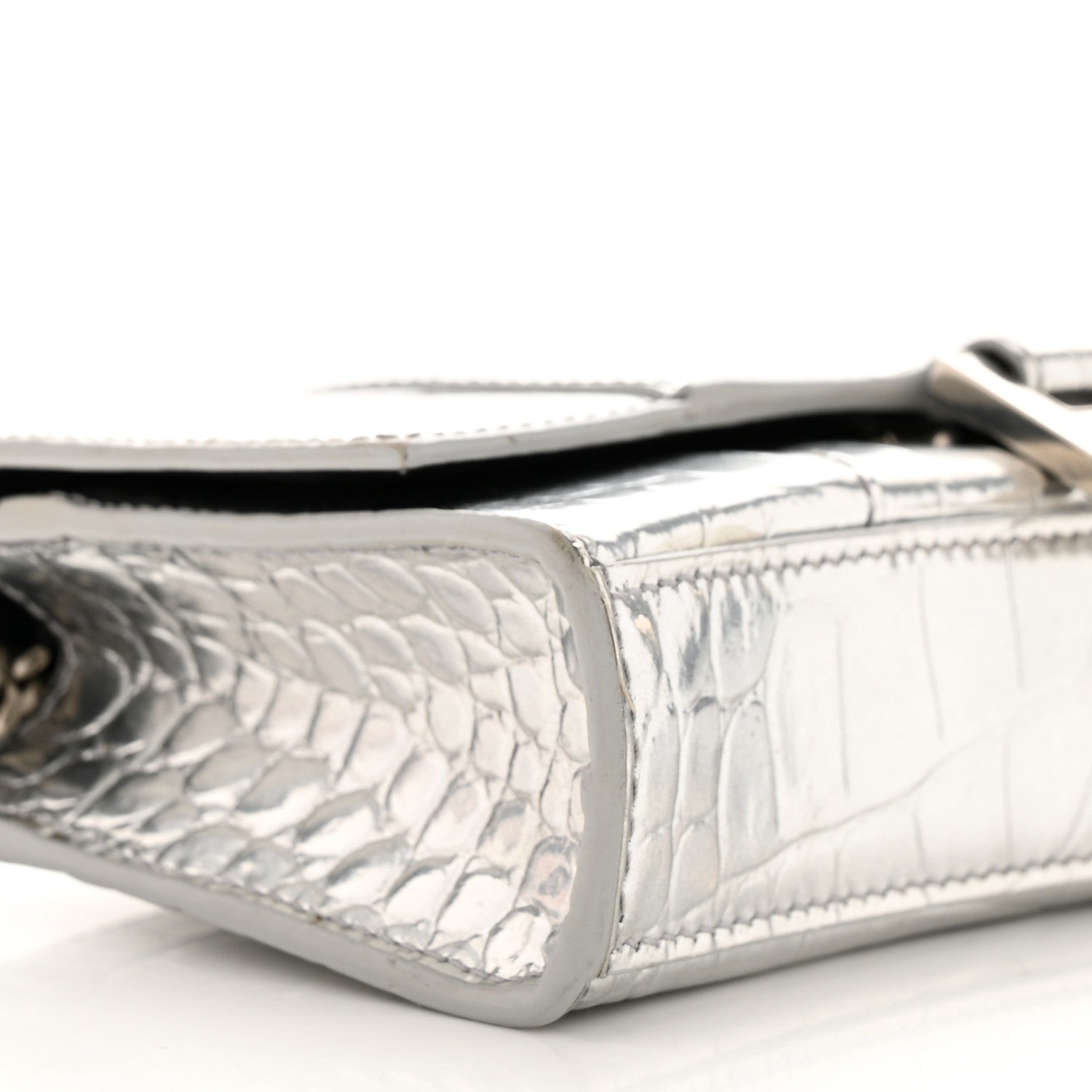 Balenciaga Metallic Calfskin Crocodile Embossed Hourglass Chain Bag Silver 8 of 13