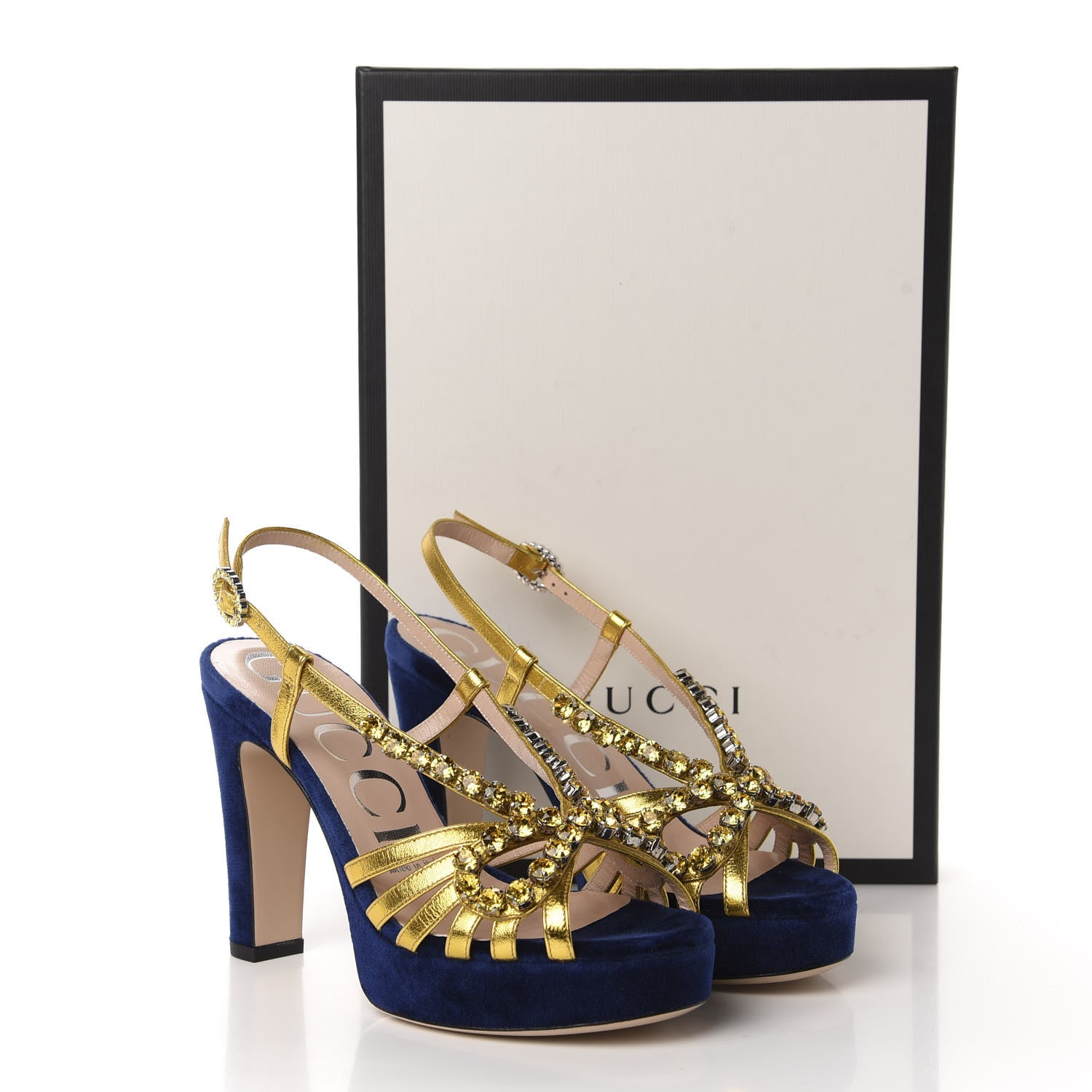 Gucci Velvet Nappa Crystal Zephyra Slingback Platform High Heel Sandals 35.5 Blue Gold 10 of 10