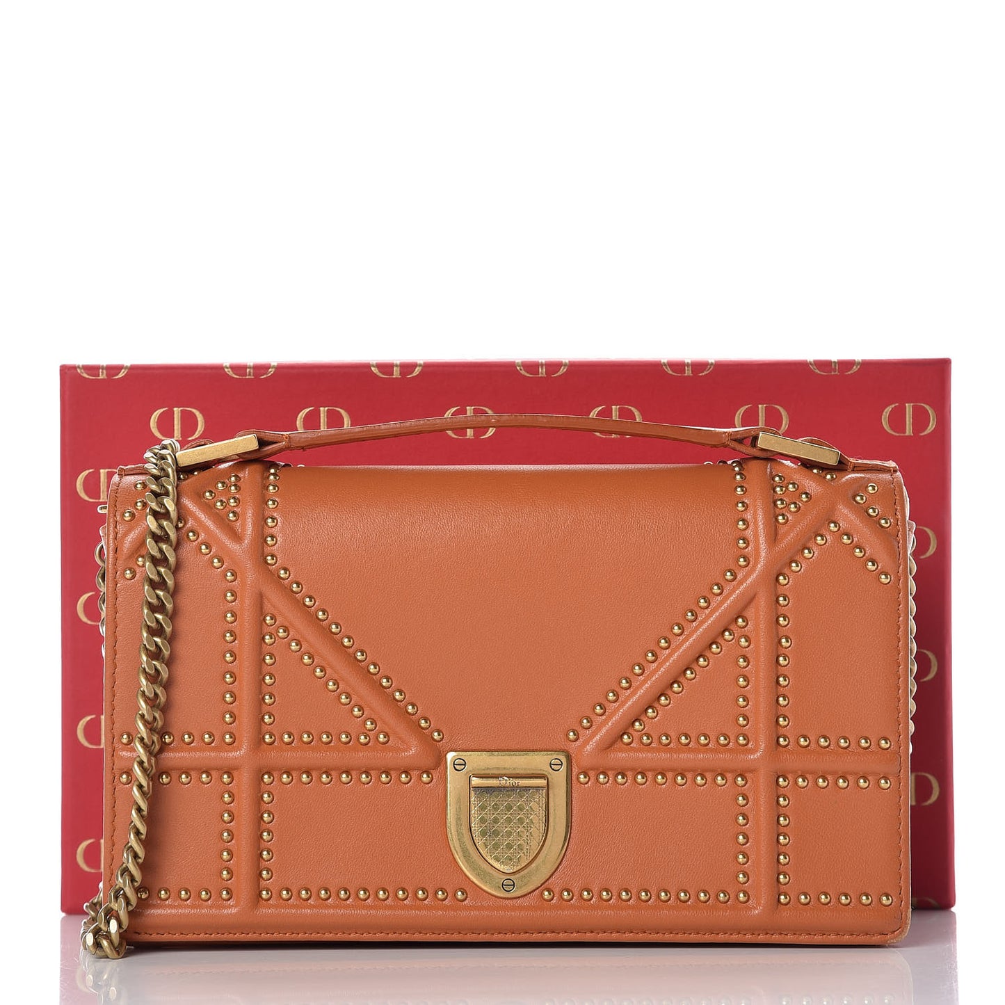 Calfskin Studded Diorama Top Handle Wallet on Chain Pouch Orange