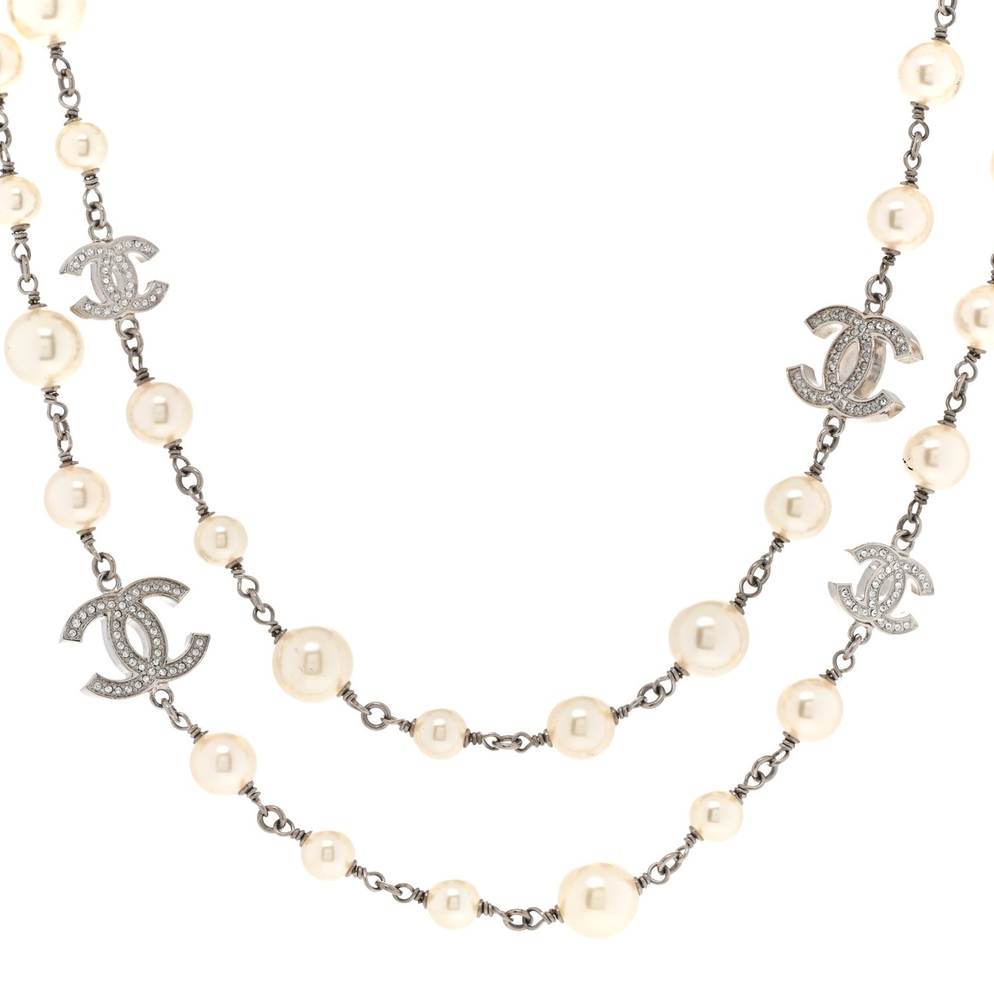 Graduated Pearl Crystal CC Long Necklace Silver