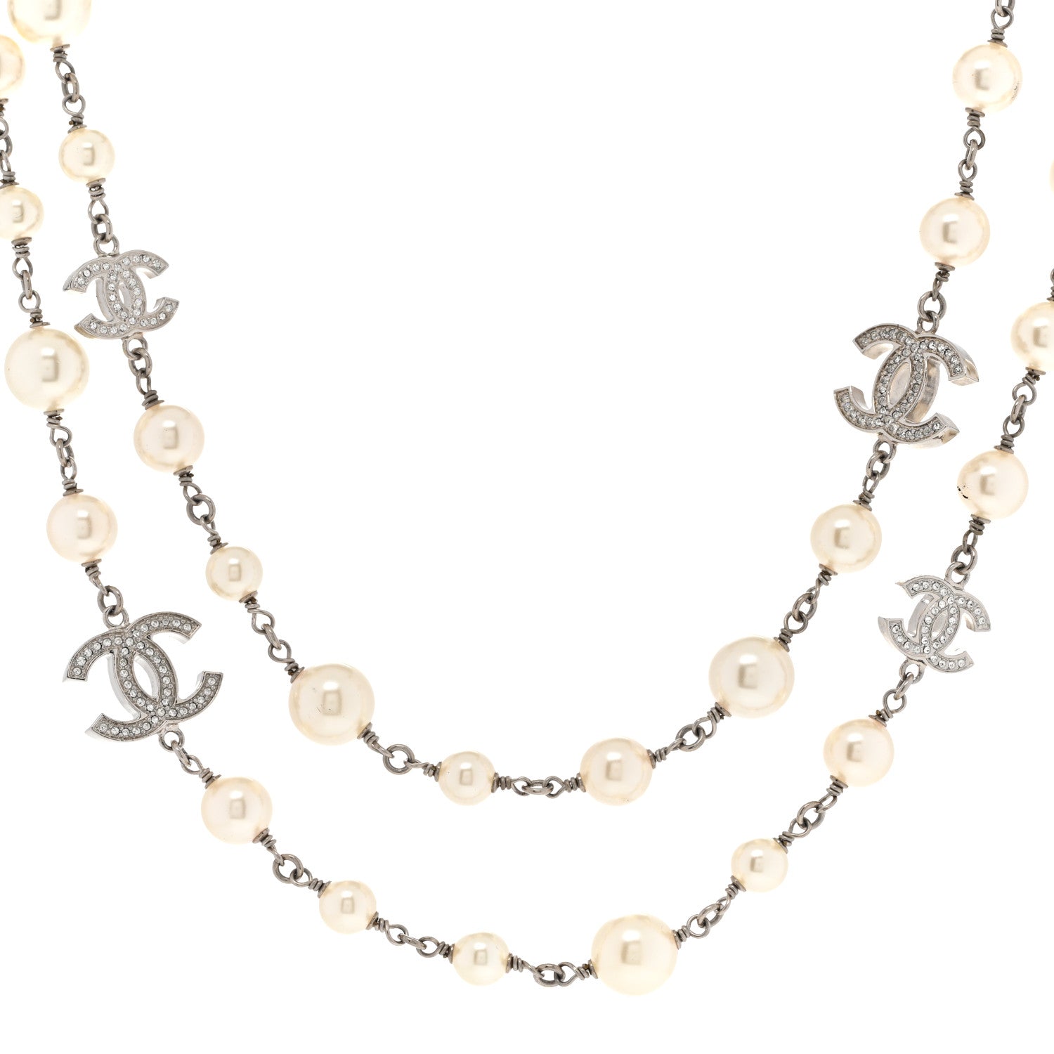 Chanel Graduated Pearl Crystal CC Long Necklace Silver 1 of 9