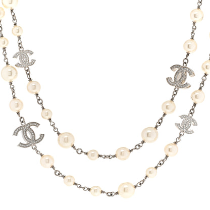 Chanel Graduated Pearl Crystal CC Long Necklace Silver 1 of 9