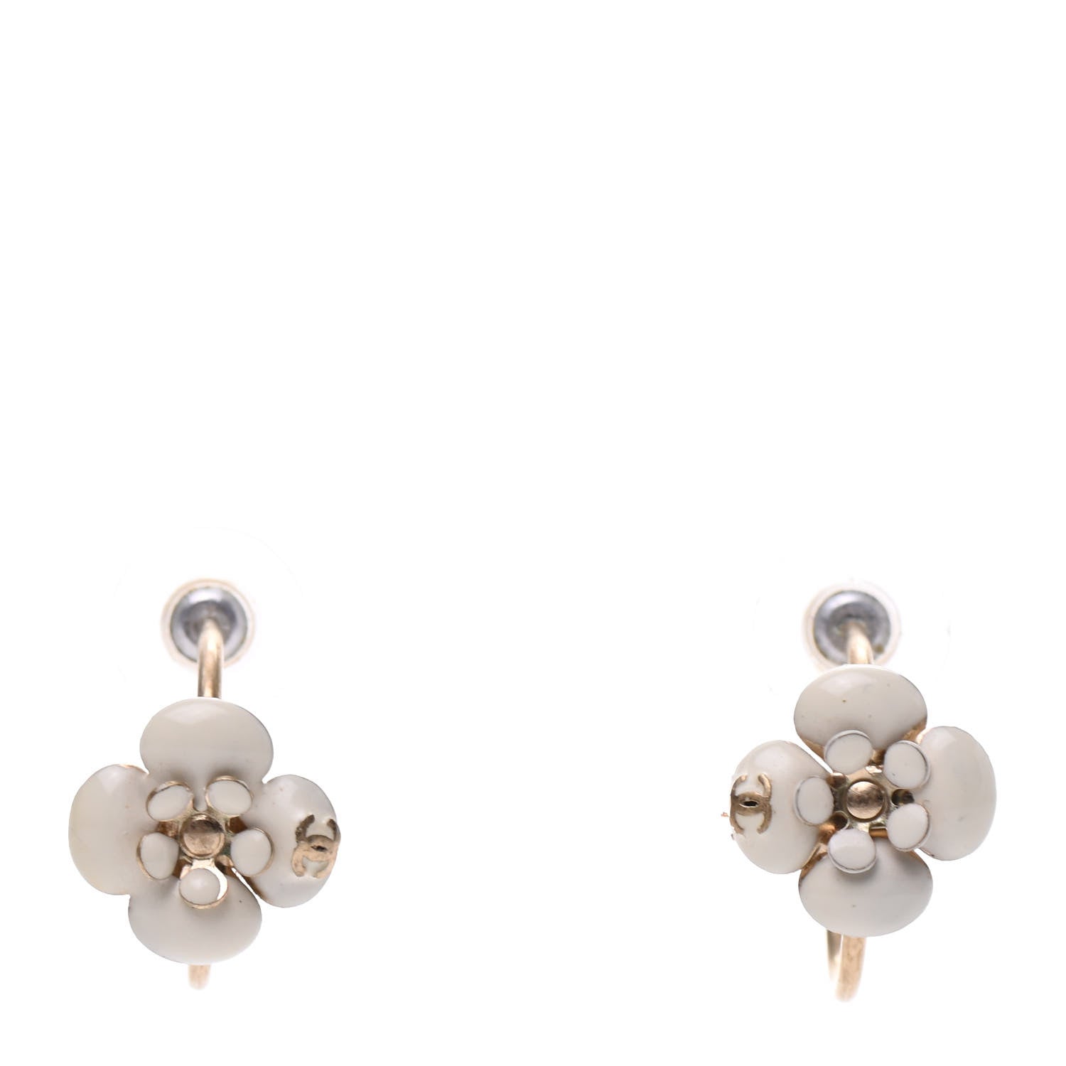 Chanel Enamel CC Camellia Hoop Earrings Beige Gold 1 of 4
