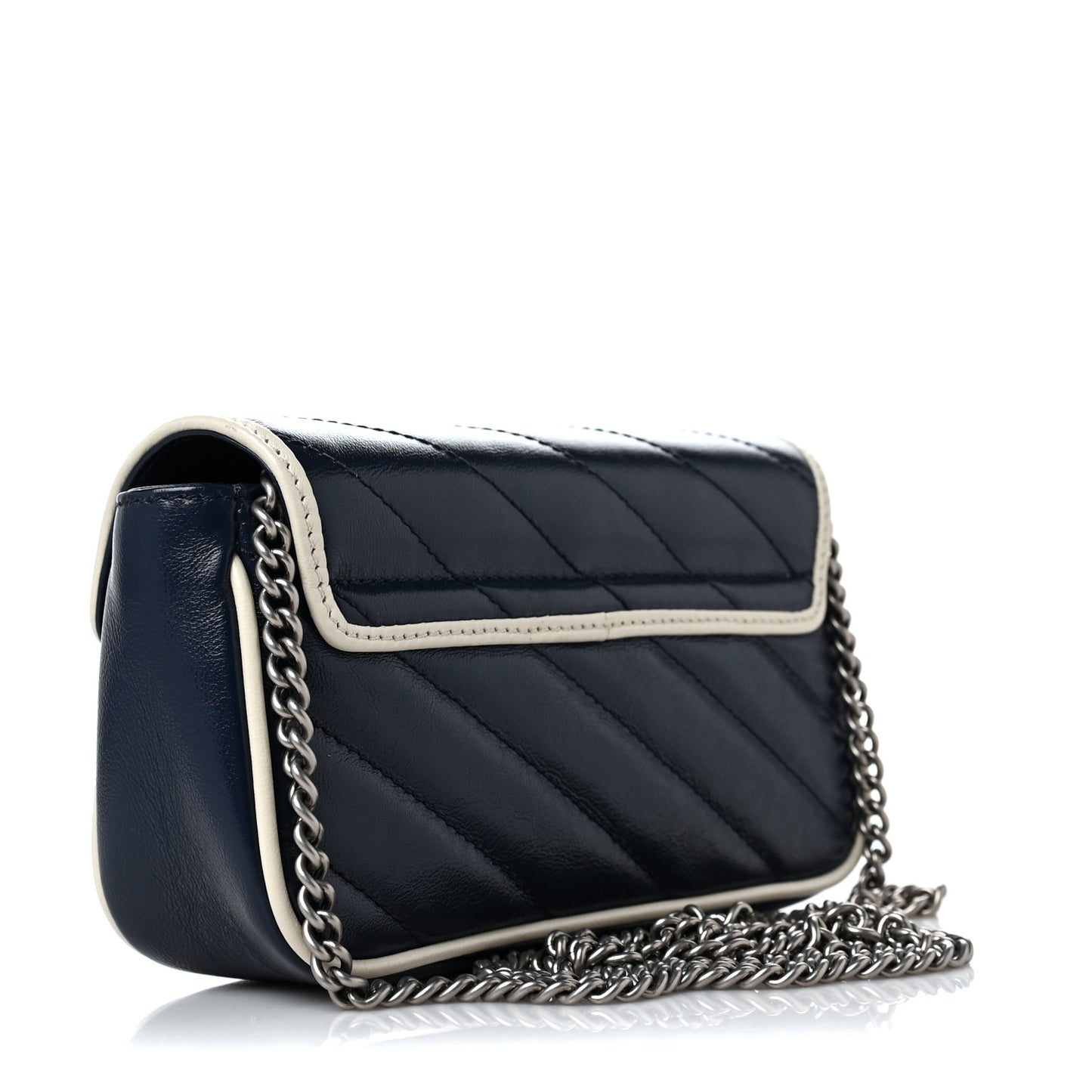 Vintage Effect Calfskin Matelasse Diagonal Super Mini Torchon GG Marmont Shoulder Bag Blue Agata Mystic White