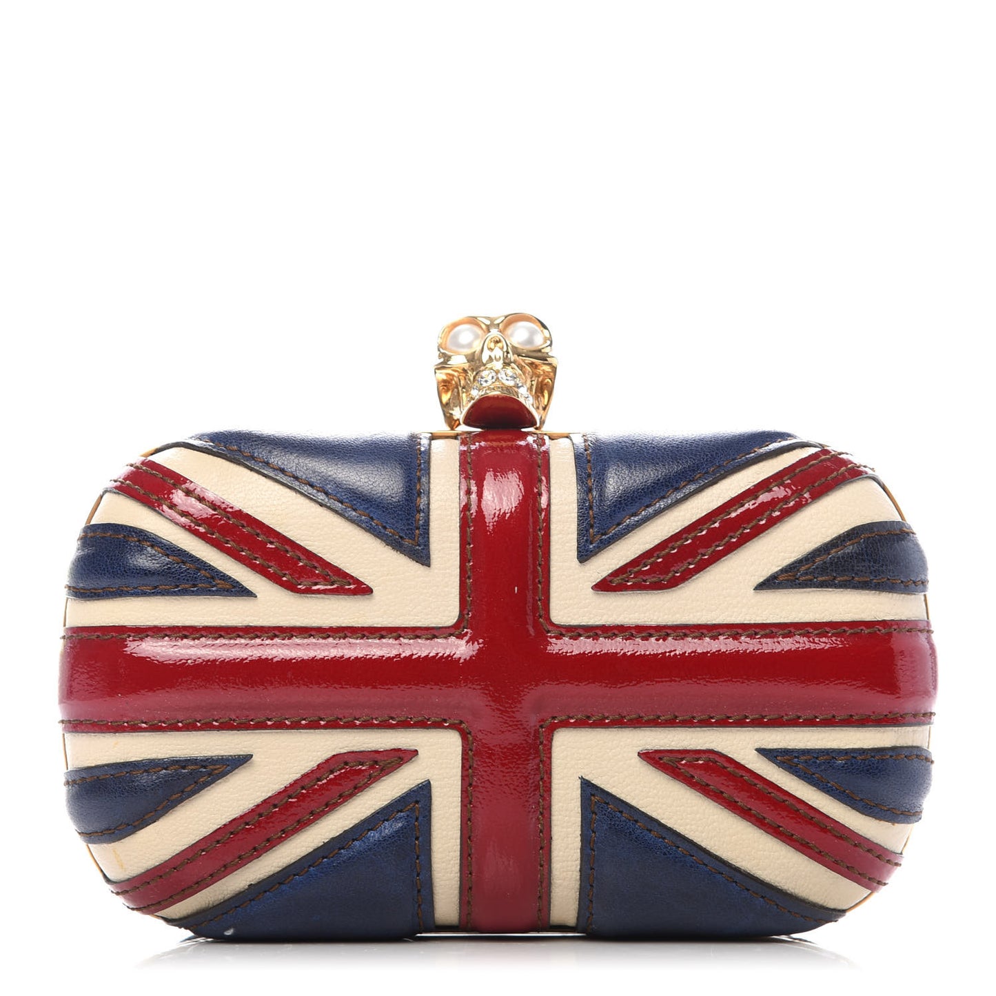 Patent Calfskin Britannia Skull Box Clutch Red Blue