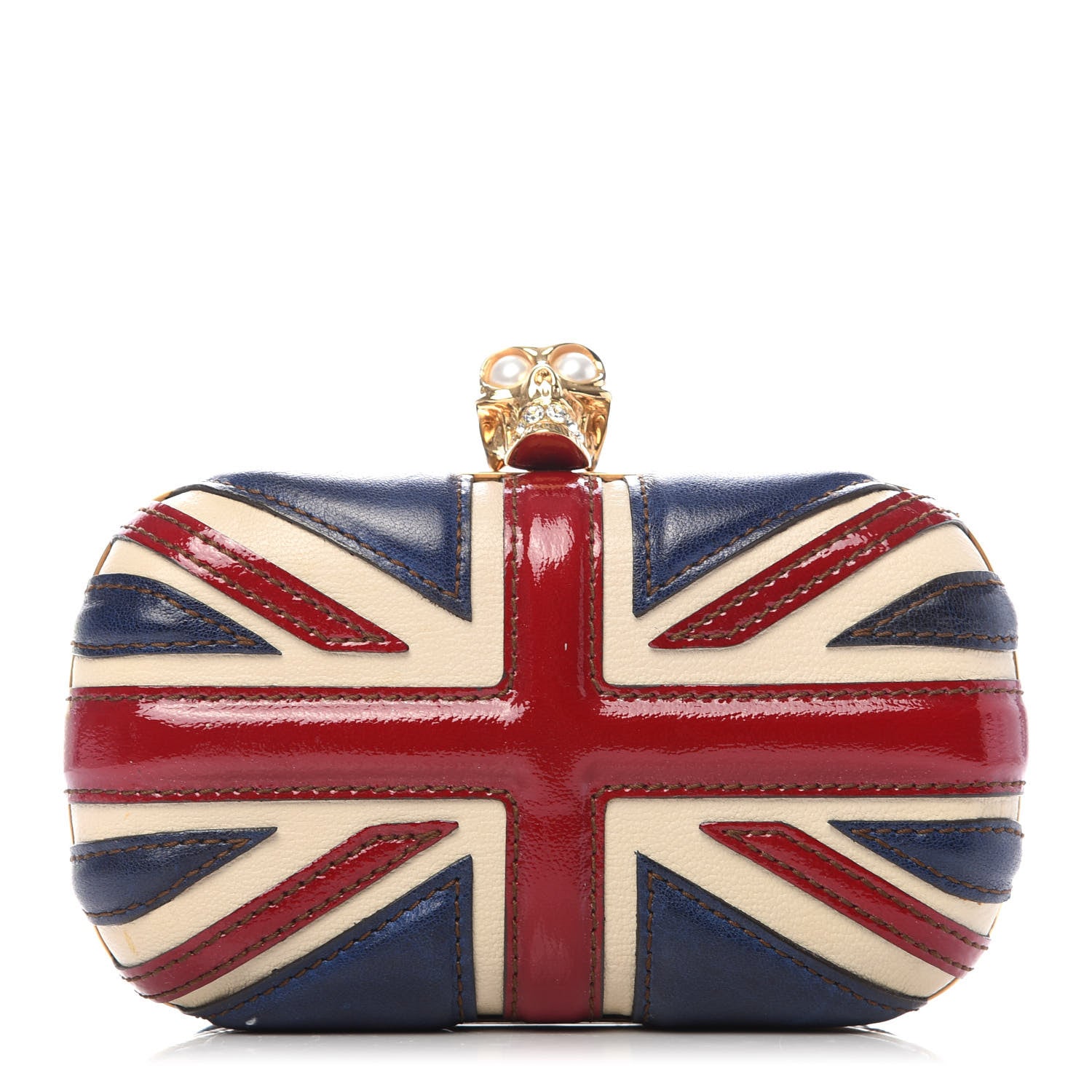Alexander McQueen Patent Calfskin Britannia Skull Box Clutch Red Blue 1 of 8