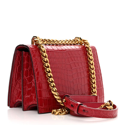 Alexander McQueen Calfskin Crocodile Embossed Jeweled Shoulder Bag Deep Red 3 of 9