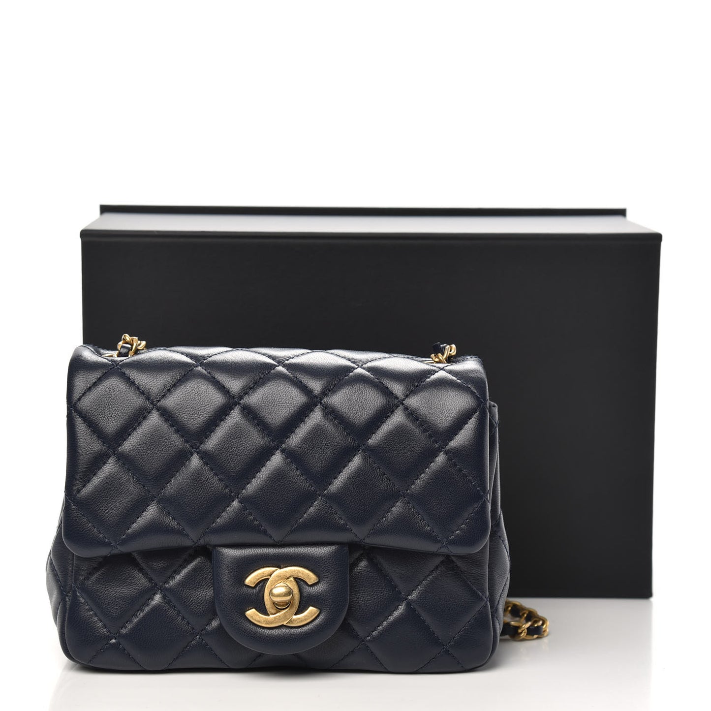 Lambskin Quilted Mini Pearl Crush Flap Navy Blue