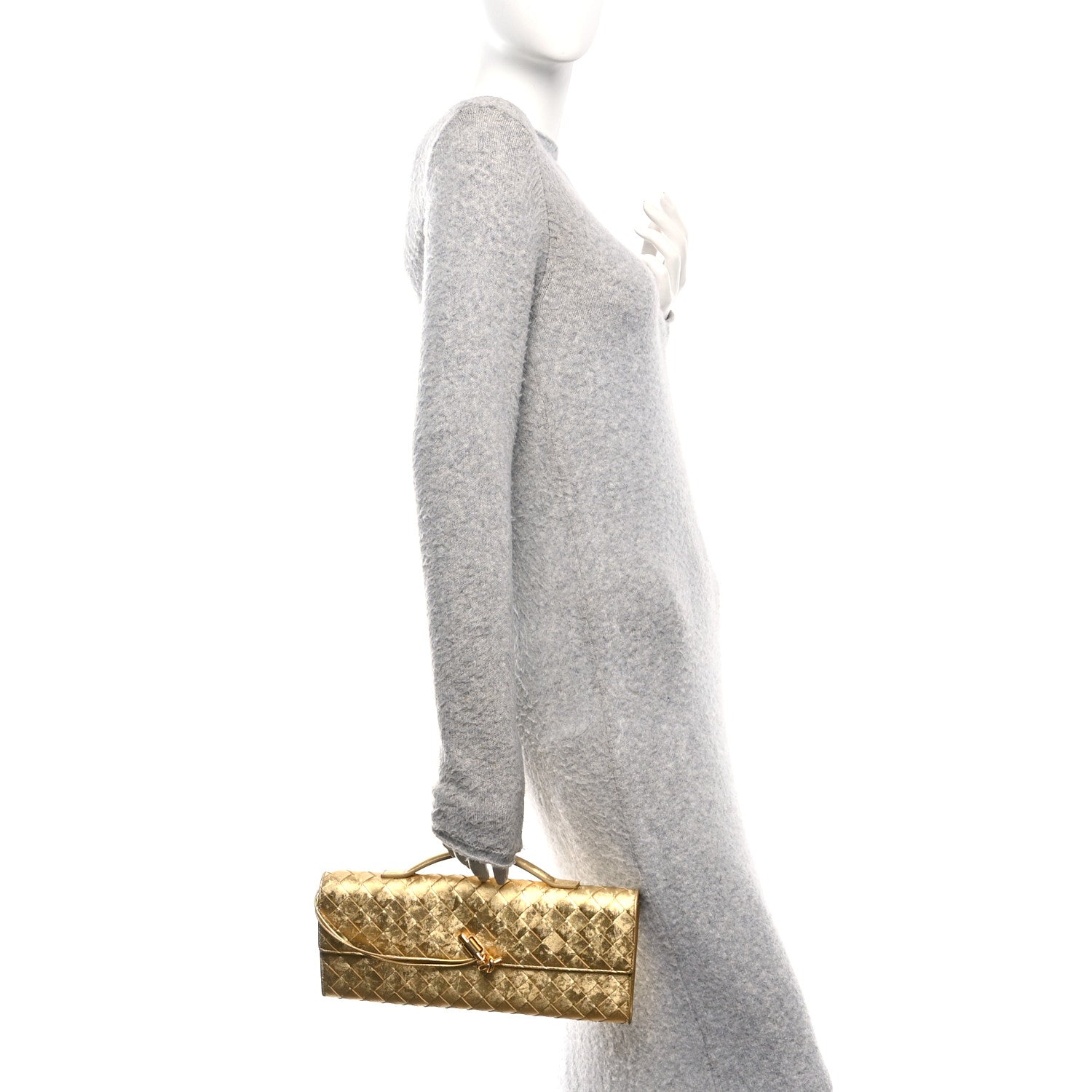 Bottega Veneta Metallic Satin Lambskin Intrecciato Long Andiamo Top Handle Clutch Gold 2 of 10