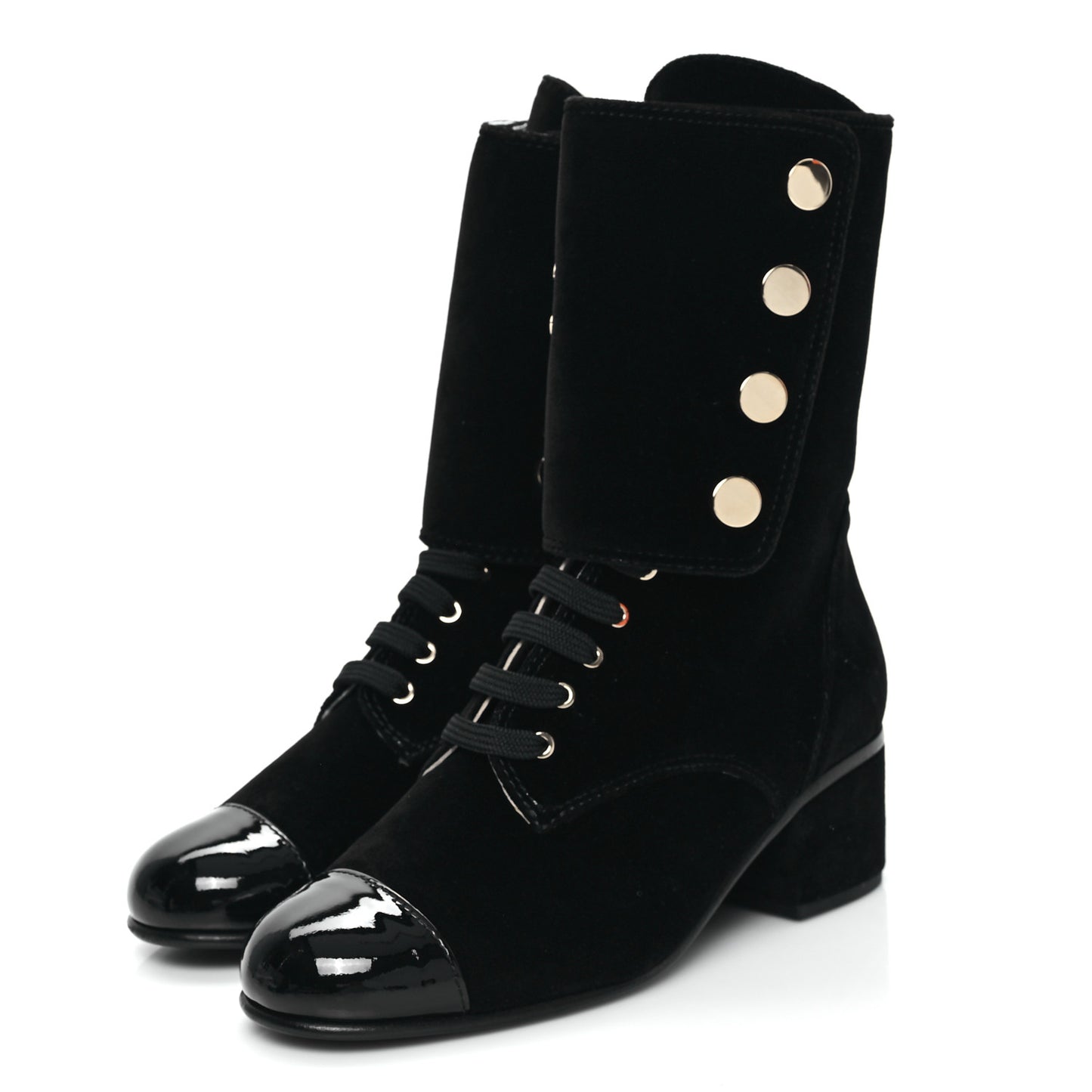 Velvet Patent Cap Toe CC Lace Up Boots 38.5 Black