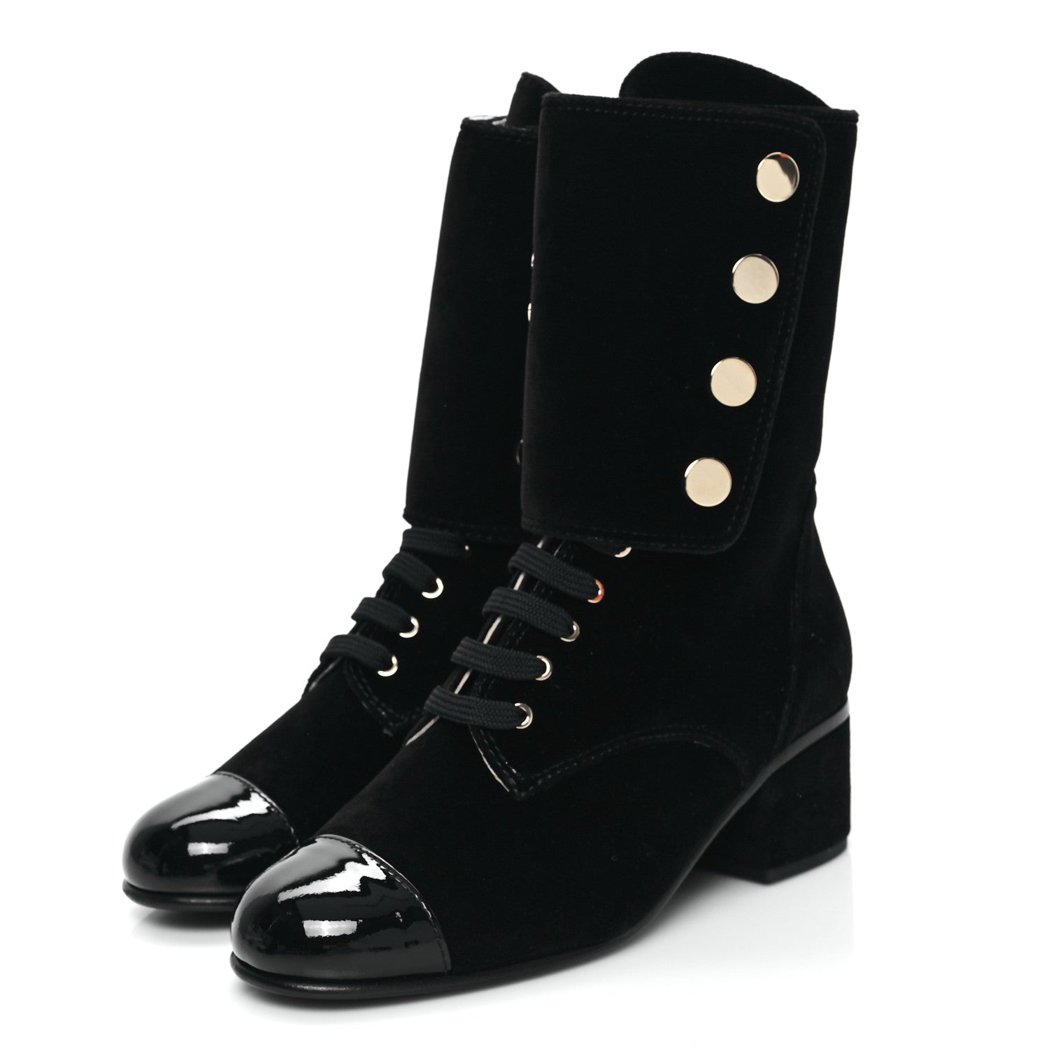 Chanel Velvet Patent Cap Toe CC Lace Up Boots 38.5 Black 1 of 9