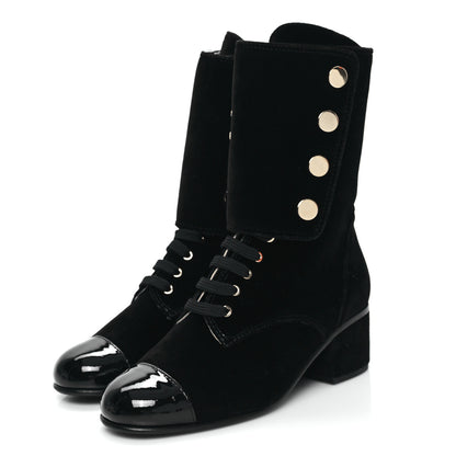 Chanel Velvet Patent Cap Toe CC Lace Up Boots 38.5 Black 1 of 9