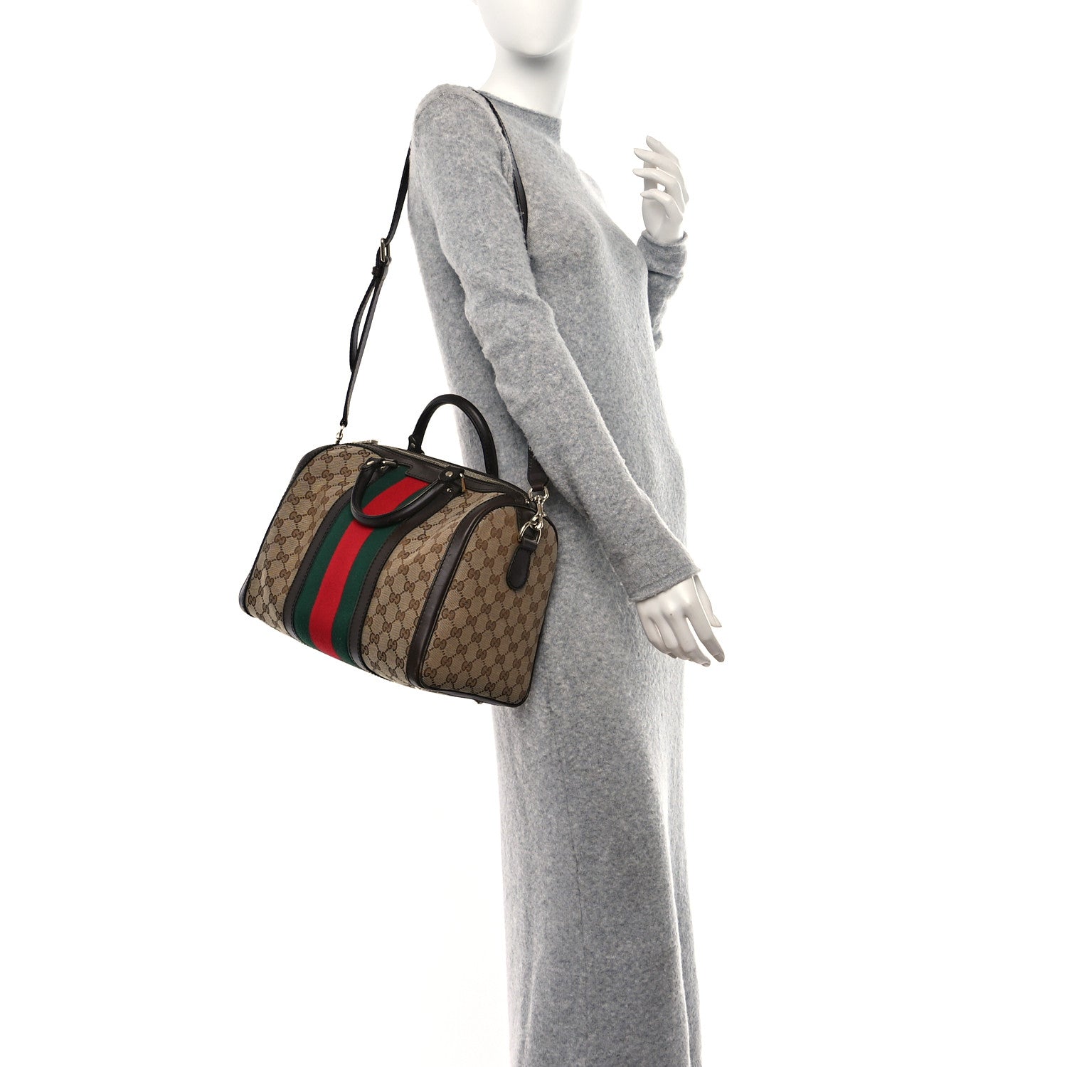 Gucci Monogram Selleria Calfskin Vintage Web Medium Boston Beige Ebony Cocoa 3 of 12
