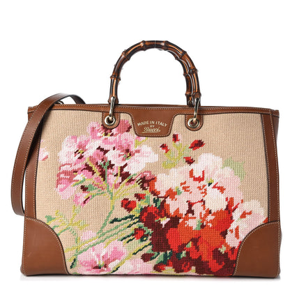 Gucci Canvas Blooms Embroidered Large Bamboo Shopper Tote Brown 1 of 11