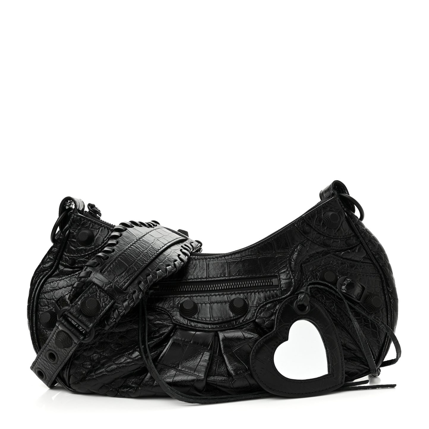 Extra Supple Calfskin Crocodile Embossed Monochrome Small Le Cagole Shoulder Bag Black