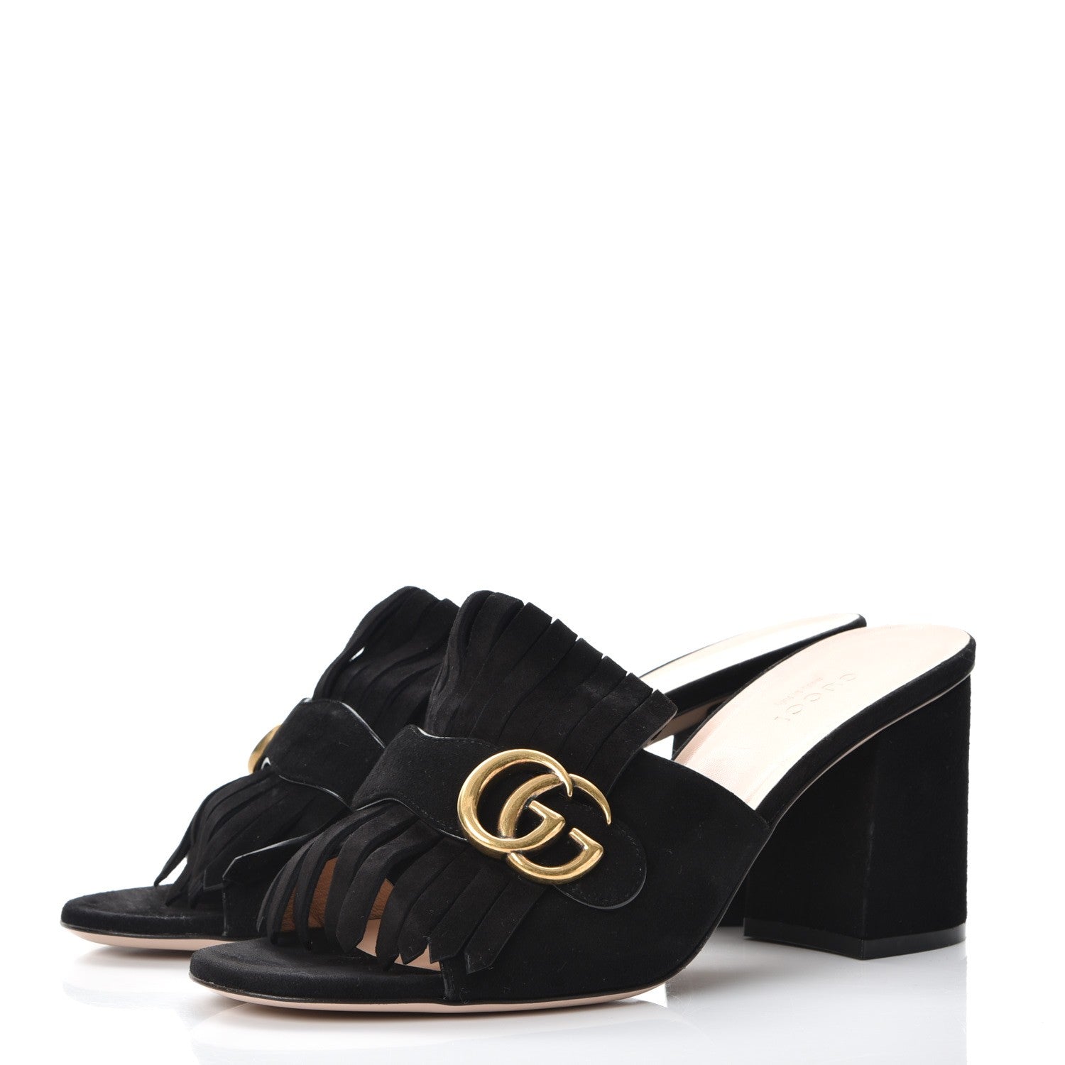 Gucci Kid Scamosciato GG Marmont Fringe 75mm Slide Sandals 38.5 Black 3 of 7