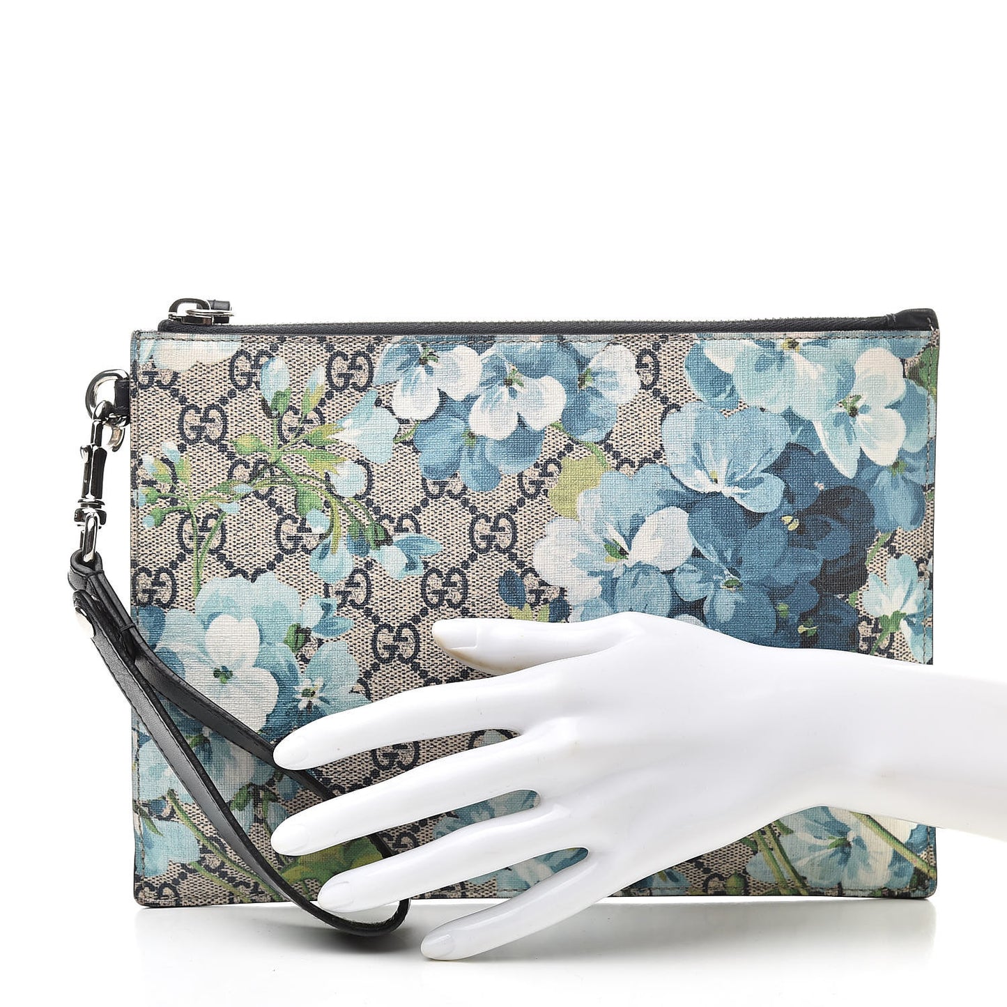 GG Supreme Monogram Blooms Small Zip Wristlet Pouch Beige Blue Black
