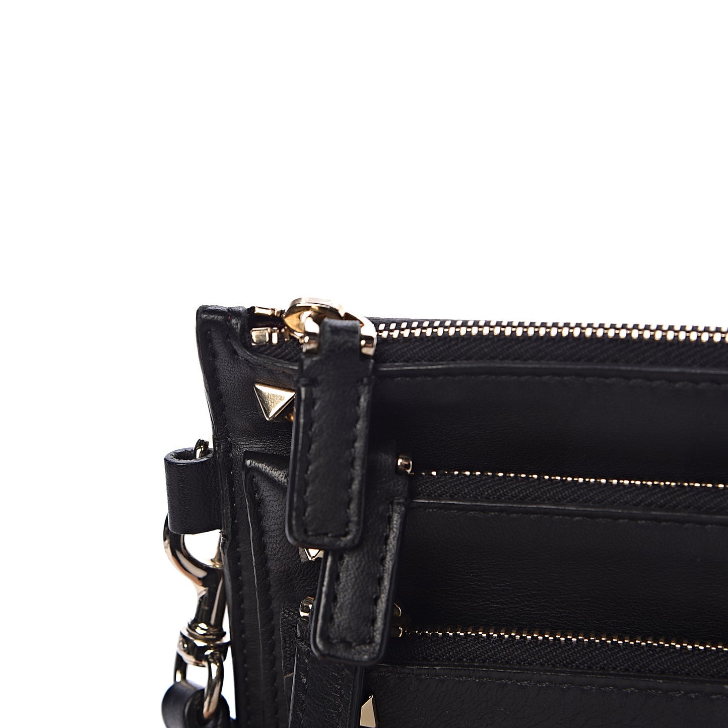Vitello Camouflage Rockstud Triple Zip Wristlet Pouch Black