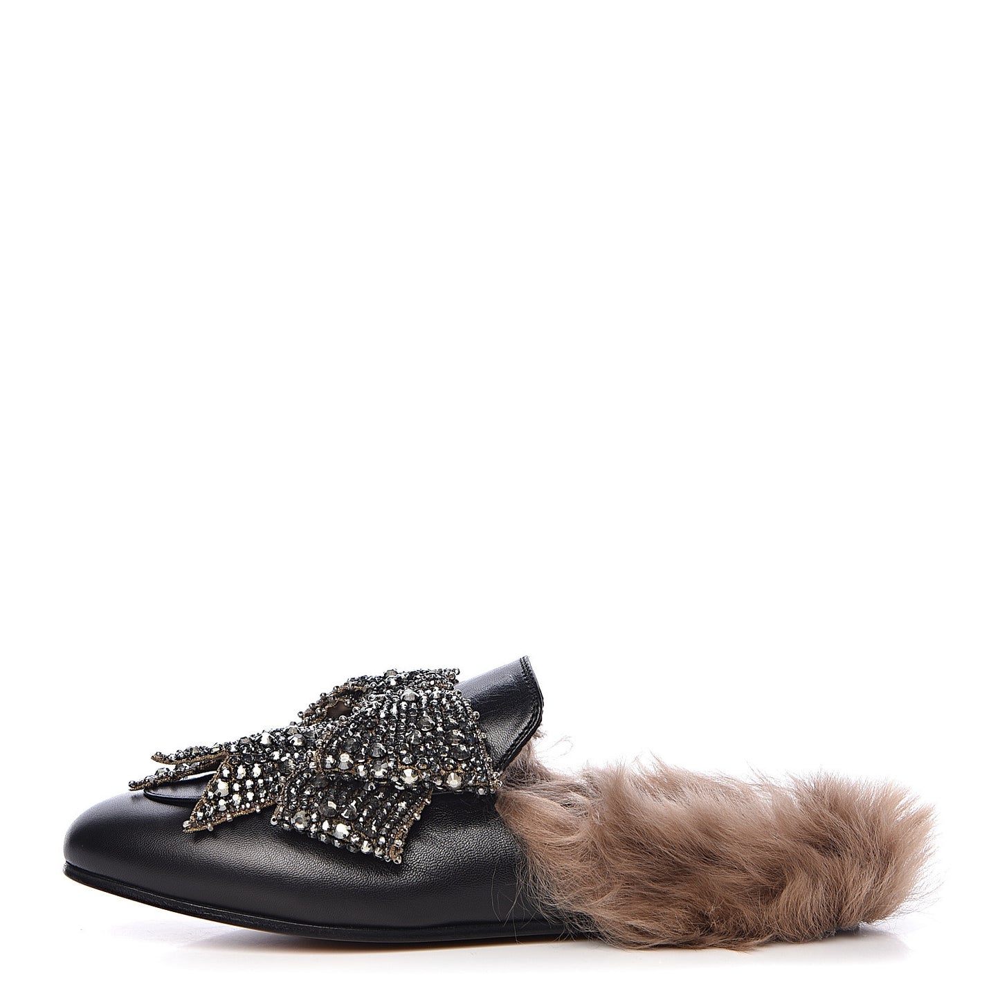 Malaga Kid Fur Crystal Bow Embroidered Womens Princetown Slippers 38.5 Black