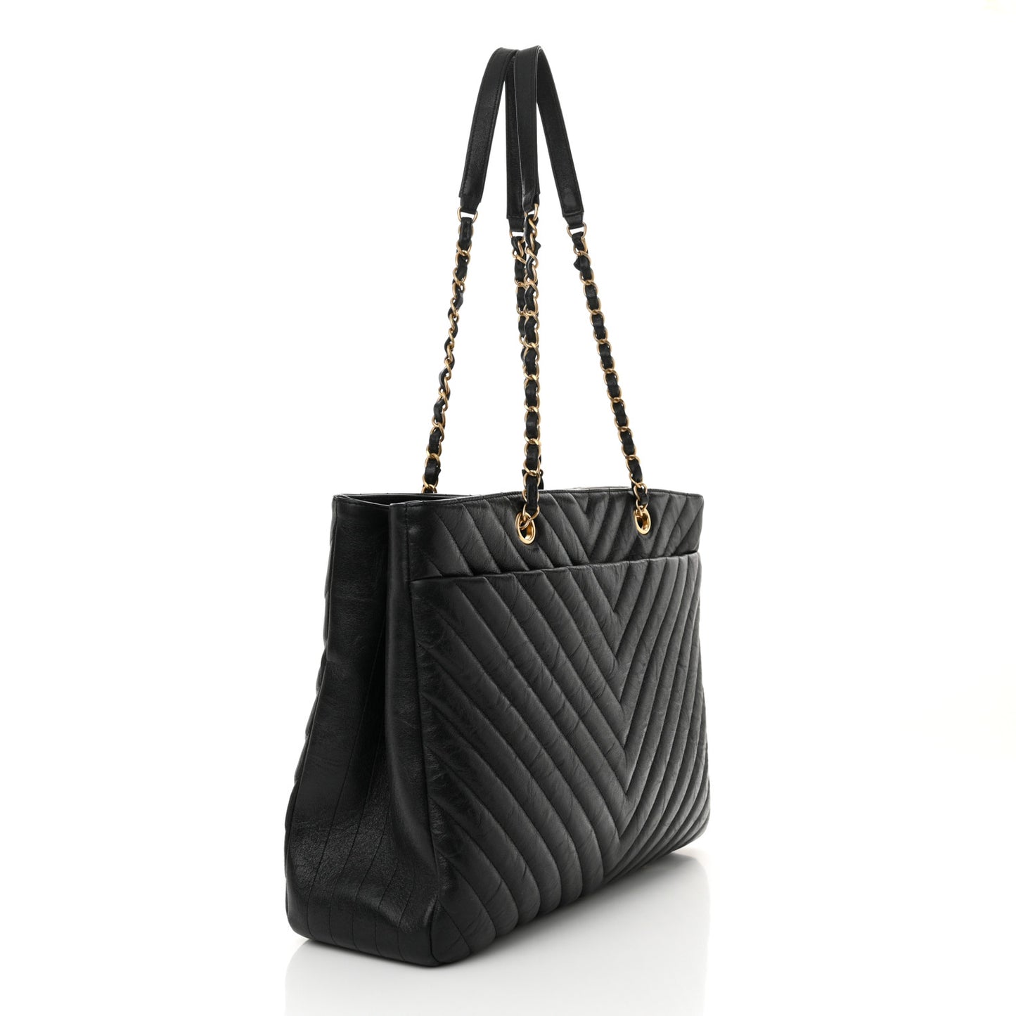 Iridescent Calfskin Chevron Quilted Shopping Tote Black
