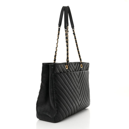 Chanel Iridescent Calfskin Chevron Quilted Shopping Tote Black 3 of 11