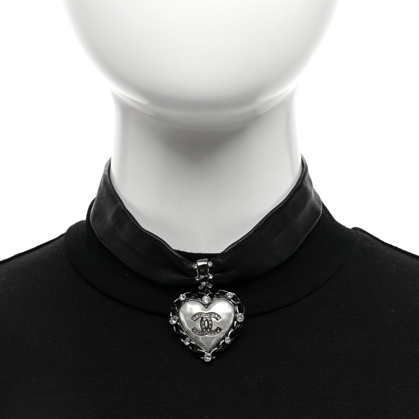 Lambskin Crystal CC Heart Choker Ruthenium Black