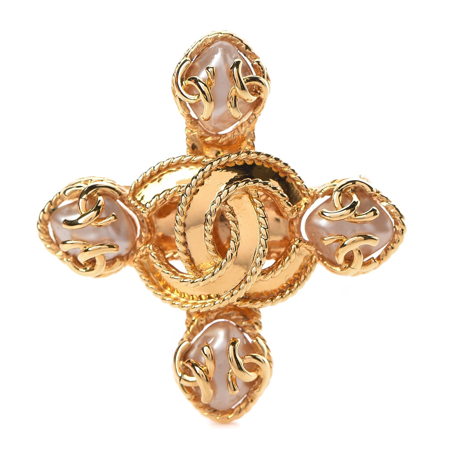Pearl CC Cross Brooch Gold