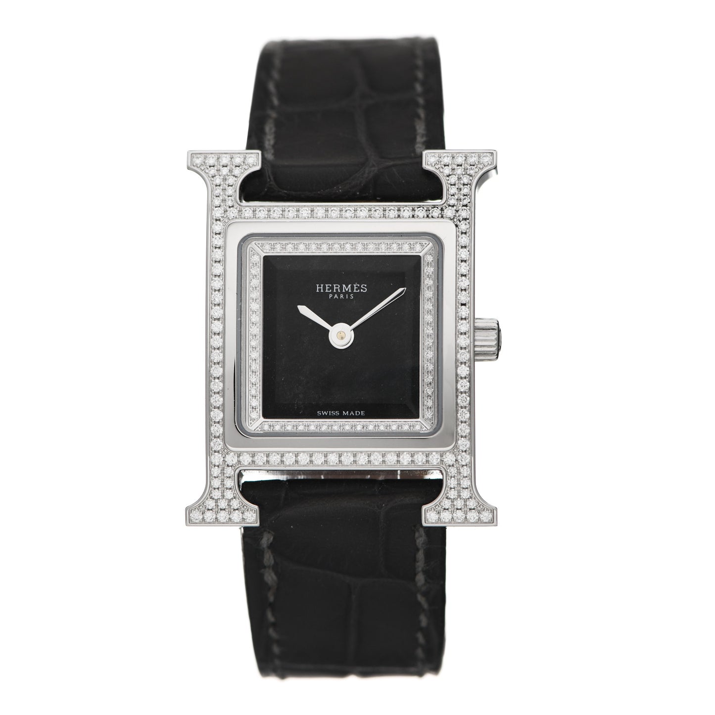 Stainless Steel Alligator Diamond Bezel 21mm Heure H Hour Quartz Watch Noir