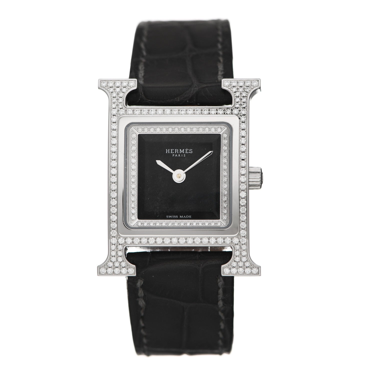 Hermes Stainless Steel Alligator Diamond Bezel 21mm Heure H Hour Quartz Watch Noir 1 of 5