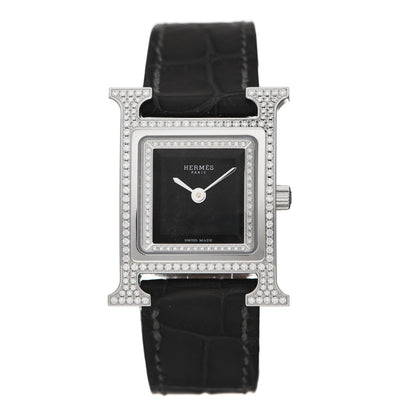 Hermes Stainless Steel Alligator Diamond Bezel 21mm Heure H Hour Quartz Watch Noir 1 of 5