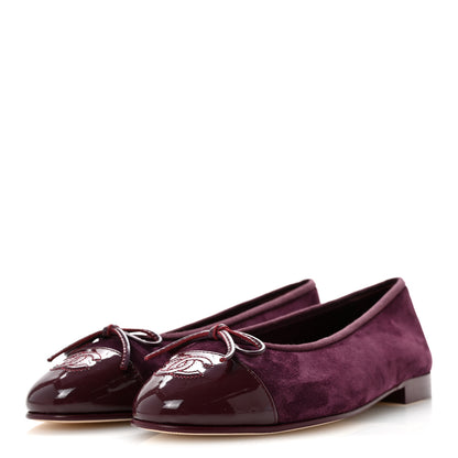 Chanel Suede Calfskin Patent Cap Toe CC Ballerina Flats 37 Burgundy 4 of 10