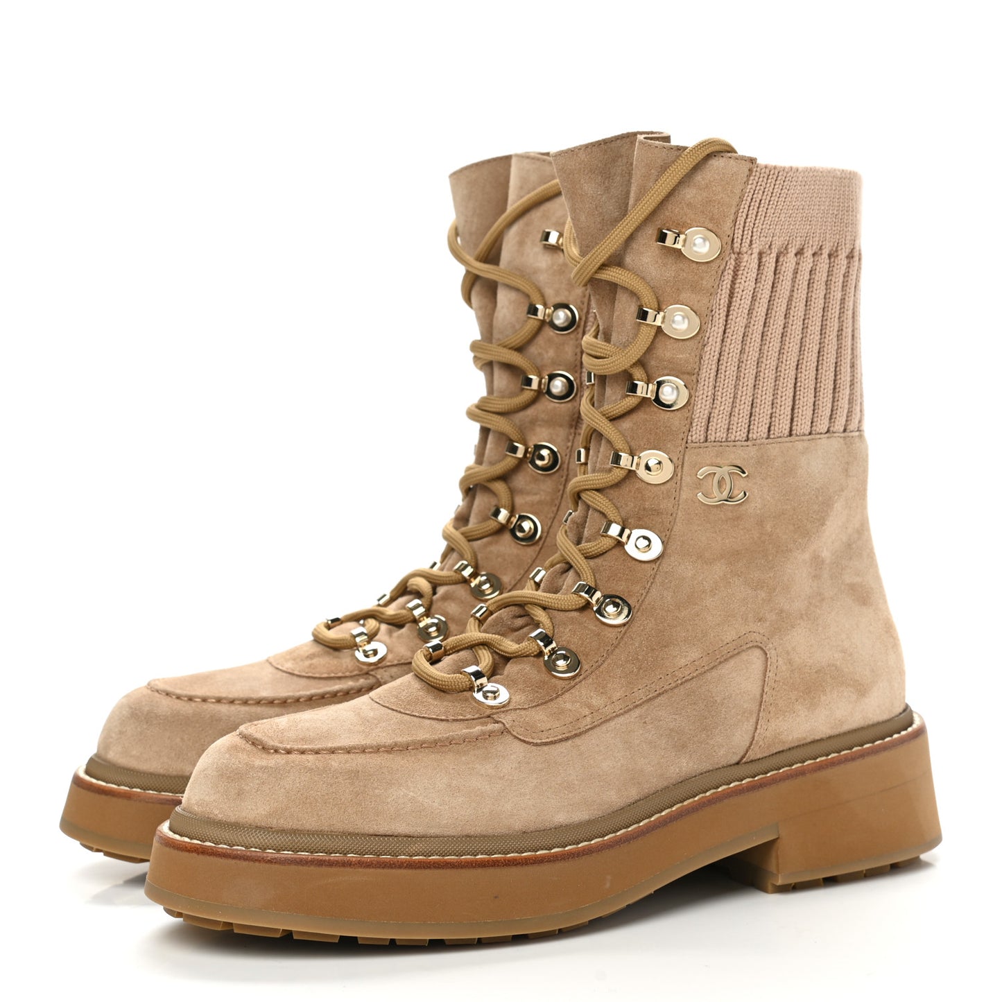 Suede Knit Lace Up Combat Boots 41 Brown