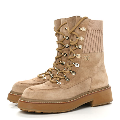 Chanel Suede Knit Lace Up Combat Boots 41 Brown 3 of 9