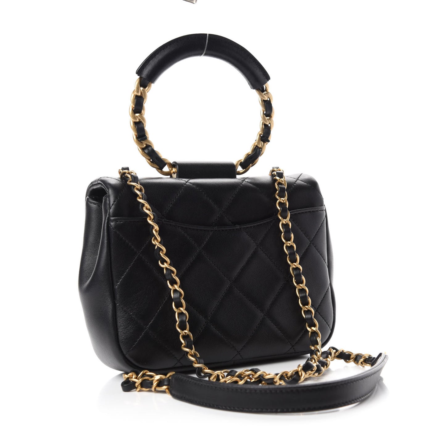Lambskin Quilted Small Circular Handle Bag Black