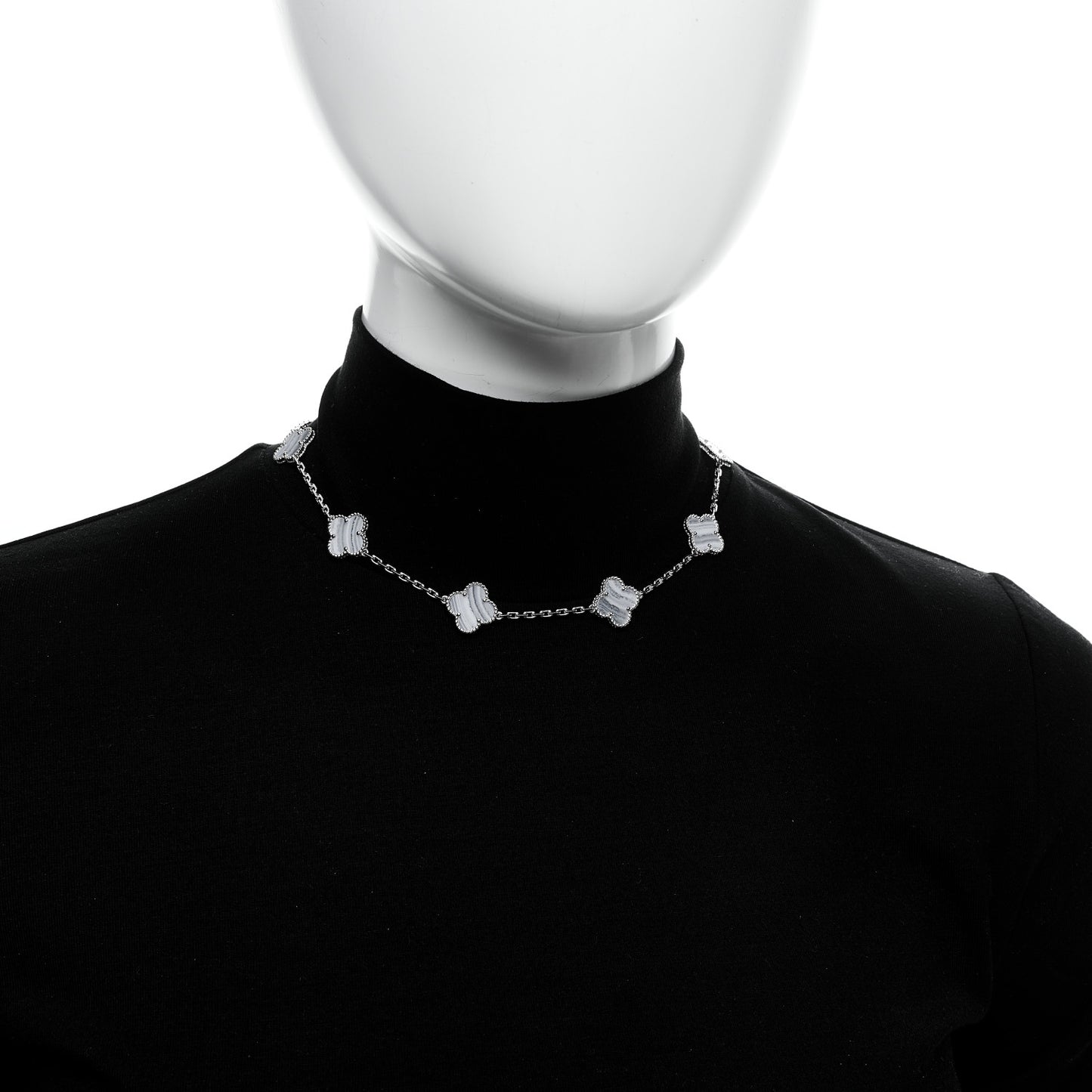 18K White Gold Chalcedony 10 Motifs Vintage Alhambra Necklace