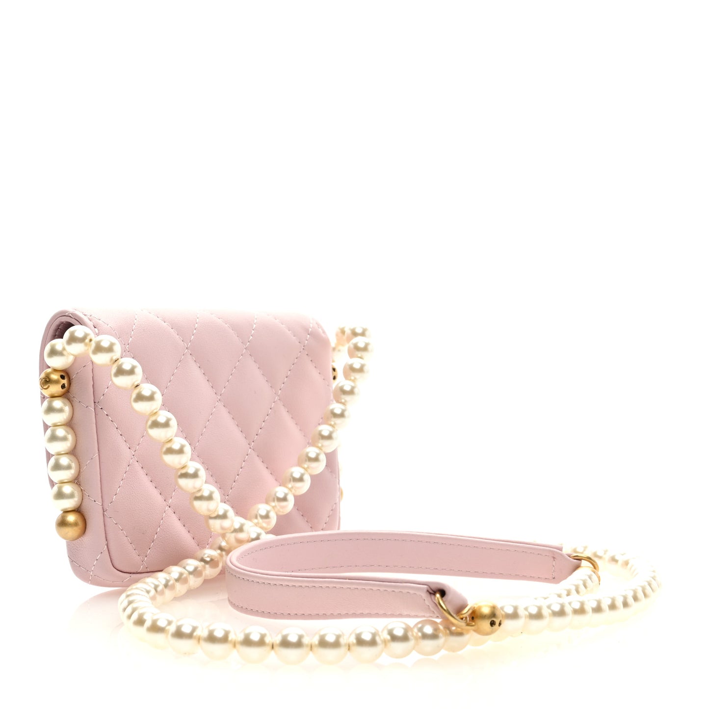 Calfskin Quilted About Pearls Card Holder Flap With Chain Light Pink