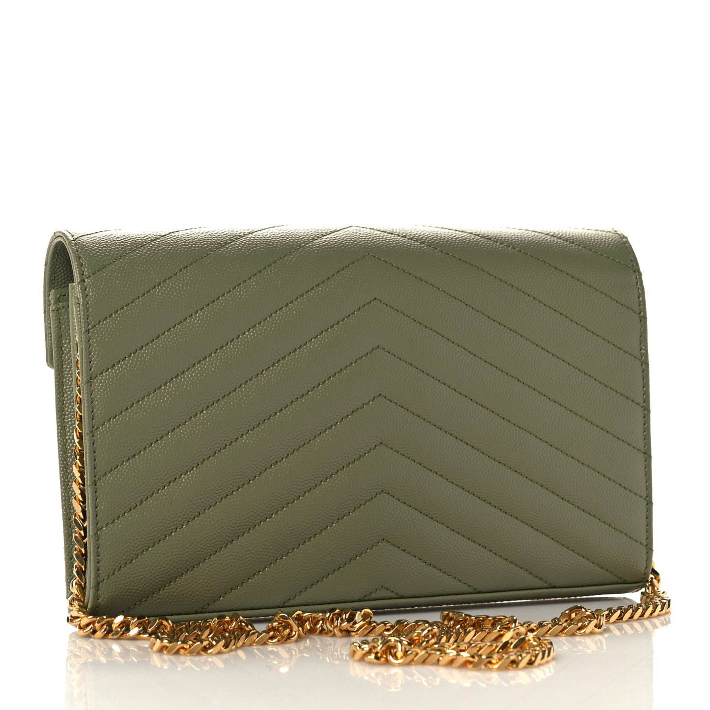 Grain De Poudre Matelasse Chevron Monogram Chain Wallet Vert Kaki