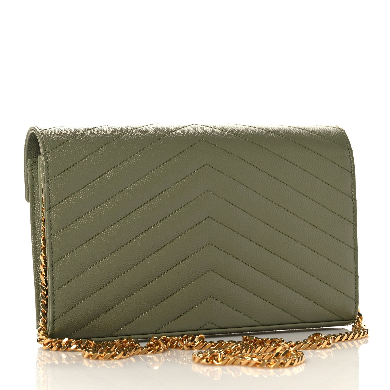 Saint Laurent Grain De Poudre Matelasse Chevron Monogram Chain Wallet Vert Kaki 3 of 8