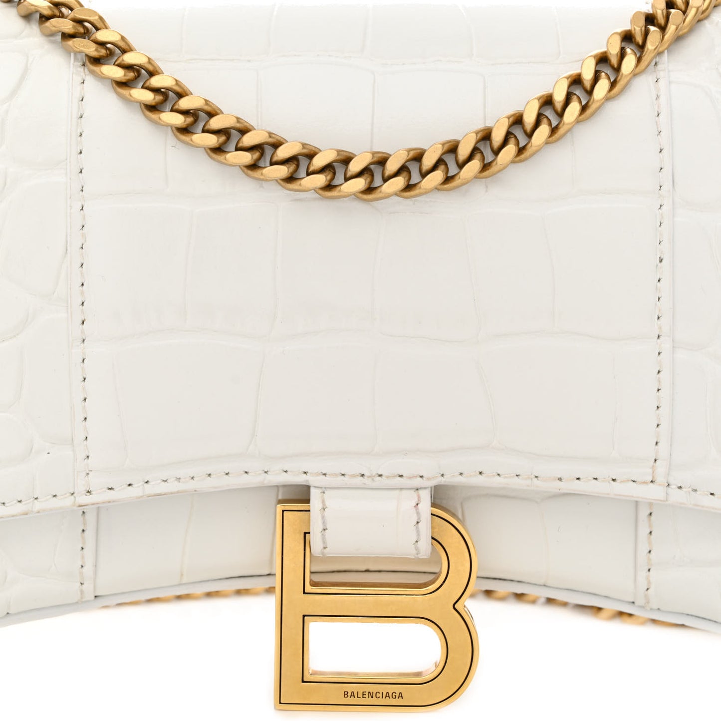 Shiny Calfskin Crocodile Embossed Hourglass Chain Bag White