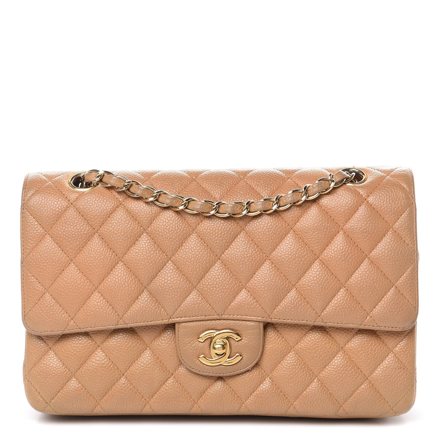 Caviar Quilted Medium Double Flap Beige