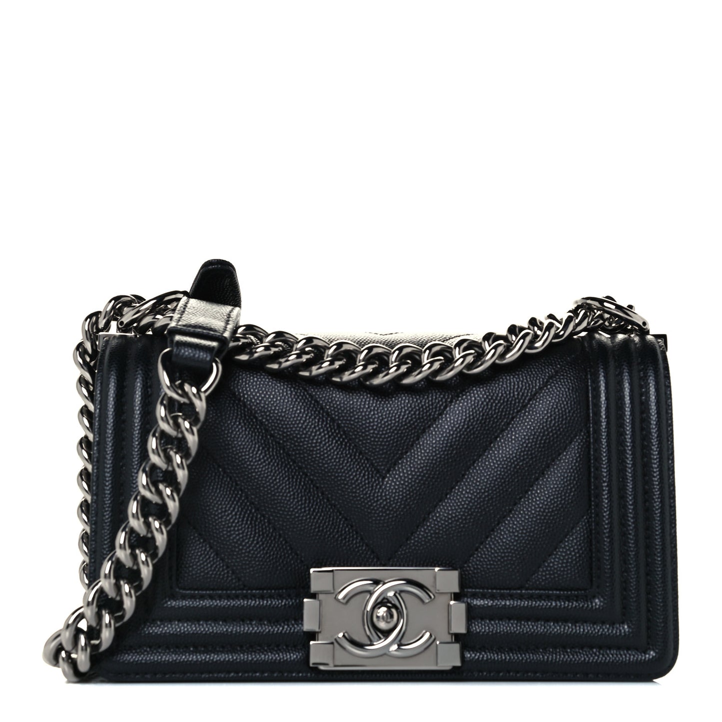 Caviar Chevron Quilted Small Boy Flap Black