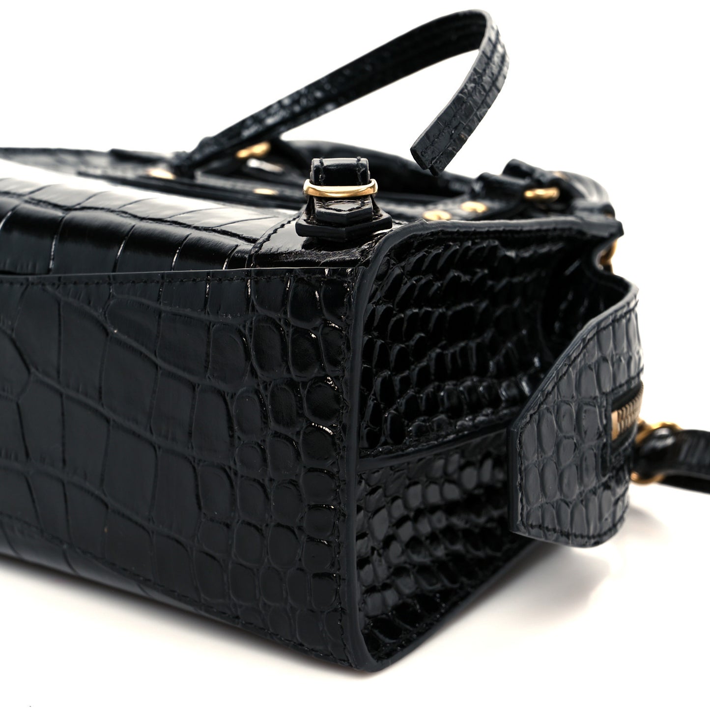 Shiny Supple Calfskin Crocodile Embossed Neo Classic Gold Hardware Mini City Black