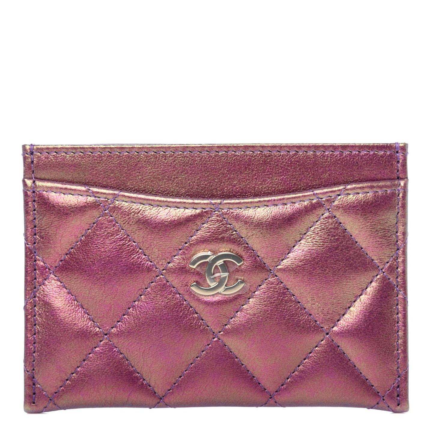 Iridescent Lambskin Quilted Card Holder Purple