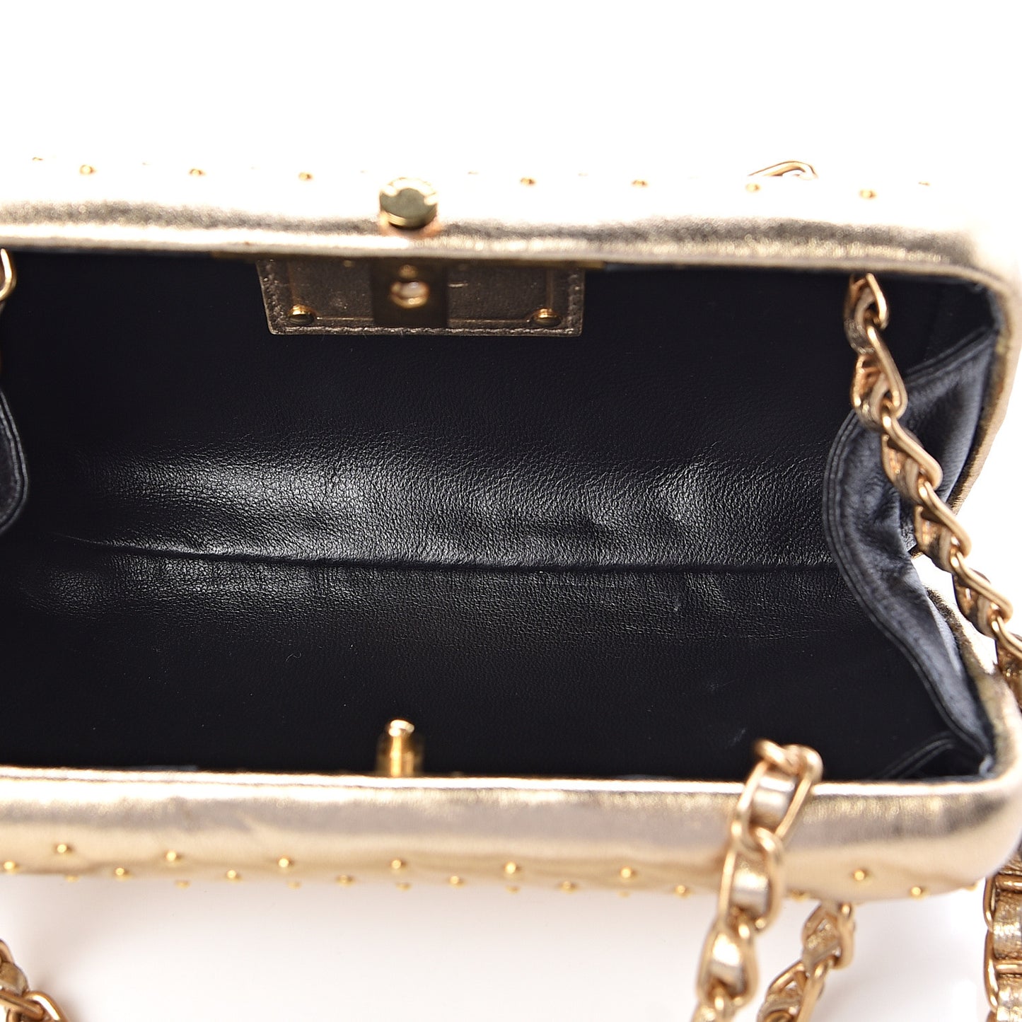 Metallic Nappa Studded Chain Clutch Platino
