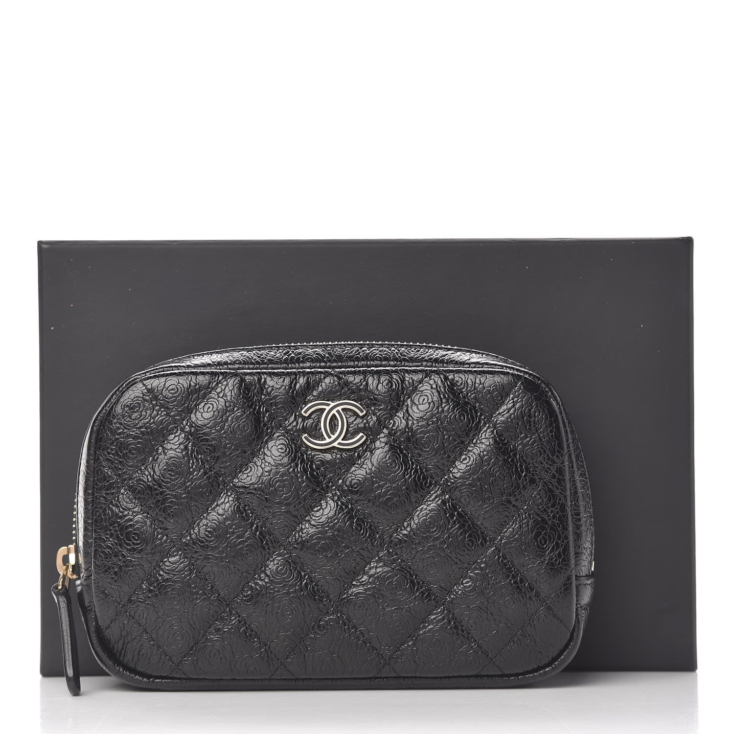 Chanel Camellia Calfskin Embossed Quilted Enamel CC Cosmetic Case Black 8 of 8